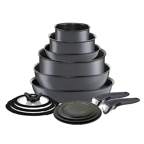 T-fal Ingenio Nonstick Cookware Set 14 Piece Induction Oven Broiler Safe 500F Cookware, Pots and Pans, Oven, Broil, Dishwasher Safe, Smoke Grey