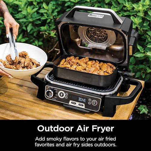 Ninja OG751BRN Woodfire Pro Outdoor Grill & Smoker with Built-In Thermometer, 7-in-1 Master Grill, BBQ Smoker, Air Fryer, Bake, Roast, Dehydrate, Broil, Ninja Woodfire Pellets, Portable,Electric, Grey