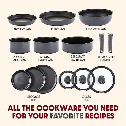 T-fal Ingenio Nonstick Cookware Set 14 Piece Induction Oven Broiler Safe 500F Cookware, Pots and Pans, Oven, Broil, Dishwasher Safe, Smoke Grey