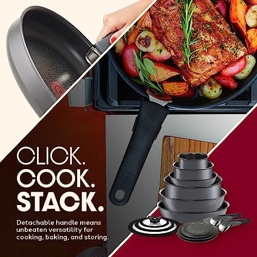 T-fal Ingenio Nonstick Cookware Set 14 Piece Induction Oven Broiler Safe 500F Cookware, Pots and Pans, Oven, Broil, Dishwasher Safe, Smoke Grey