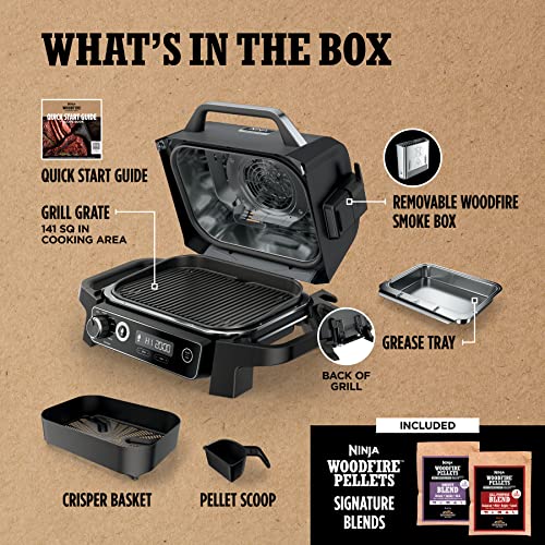 Ninja OG751BRN Woodfire Pro Outdoor Grill & Smoker with Built-In Thermometer, 7-in-1 Master Grill, BBQ Smoker, Air Fryer, Bake, Roast, Dehydrate, Broil, Ninja Woodfire Pellets, Portable,Electric, Grey