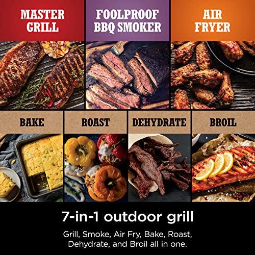 Ninja OG751BRN Woodfire Pro Outdoor Grill & Smoker with Built-In Thermometer, 7-in-1 Master Grill, BBQ Smoker, Air Fryer, Bake, Roast, Dehydrate, Broil, Ninja Woodfire Pellets, Portable,Electric, Grey