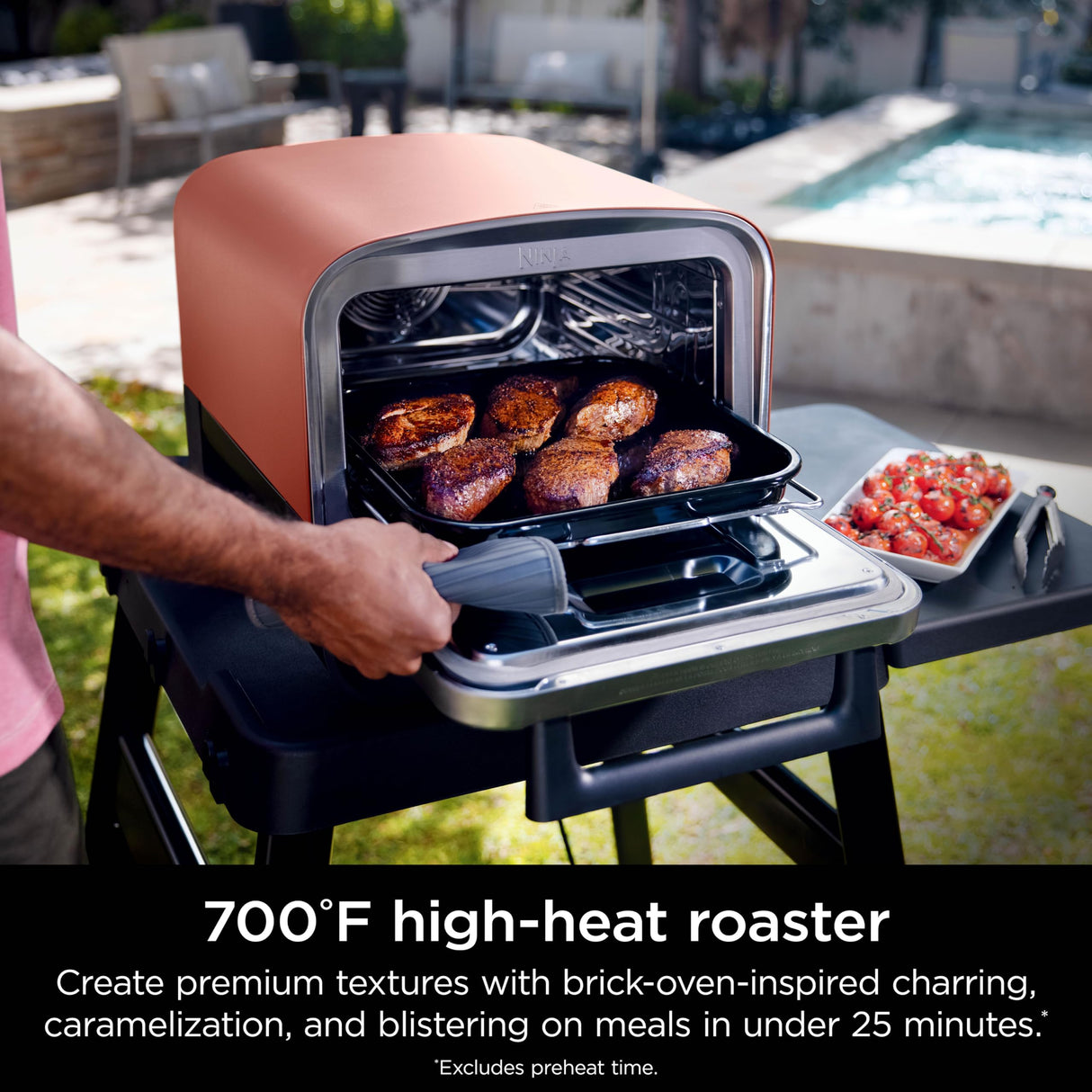 Ninja Woodfire Pizza Oven, 8-in-1 outdoor oven, 5 Pizza Settings, Ninja Woodfire Technology, 700°F high heat, BBQ smoker, wood pellets, pizza stone, electric heat, portable, terracotta red, OO101