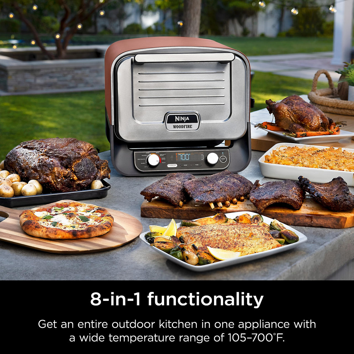 Ninja Woodfire Pizza Oven, 8-in-1 outdoor oven, 5 Pizza Settings, Ninja Woodfire Technology, 700°F high heat, BBQ smoker, wood pellets, pizza stone, electric heat, portable, terracotta red, OO101